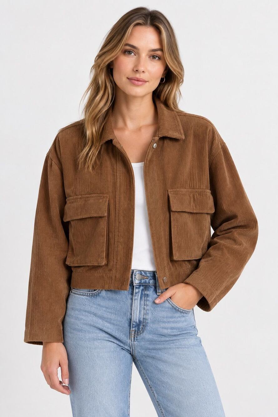 Le Lis Cropped Corduroy Utility Jacket Shacket Camel Brown Size S